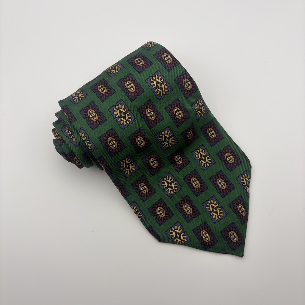 Tommy Hilfiger Tie Green Geometric 100% Silk 4" Wide 58" Vintage USA Made